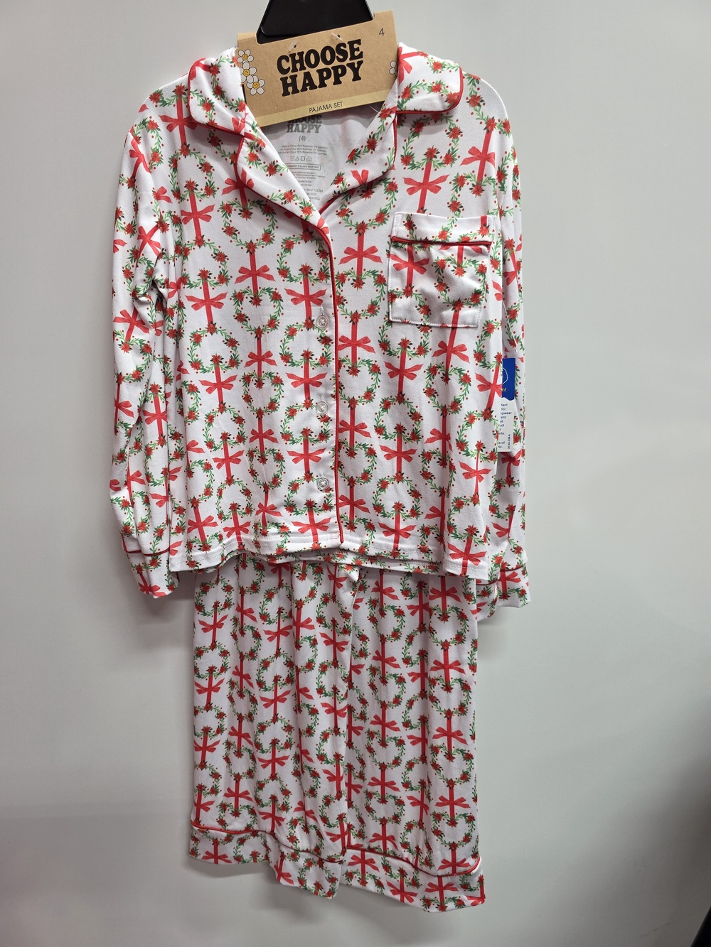 Girls' White and Red Holiday Wreath Pajama Set